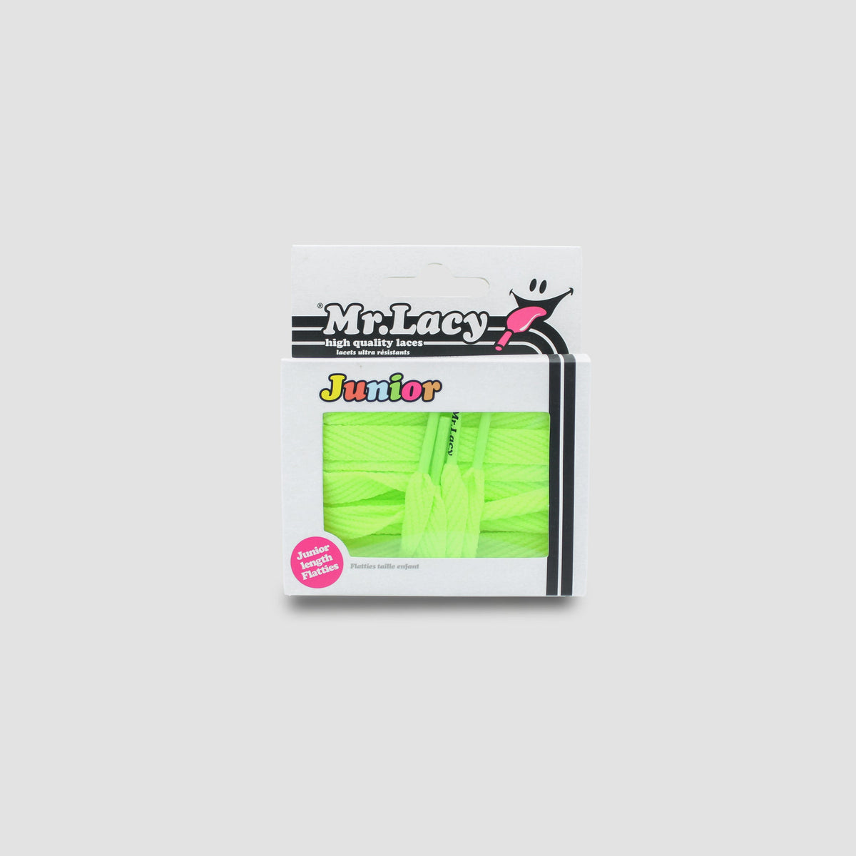 זוג שרוכים שטוחים בצבע צהוב ניאון 110 ס״מ - Flatties Junior Neon Lime Yellow - אריזה מקורית