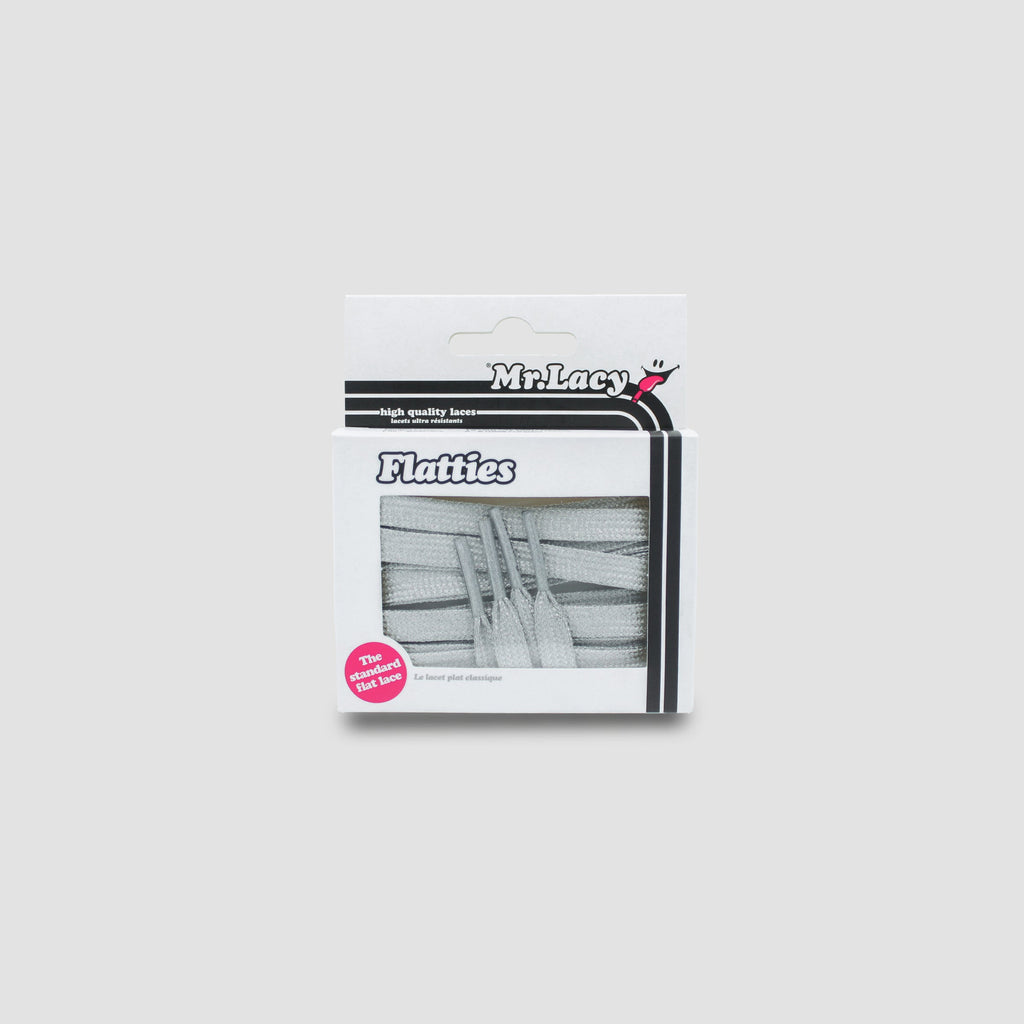 זוג שרוכים שטוחים צבע כסף 130 ס״מ - Flatties Silver - אריזה מקורית