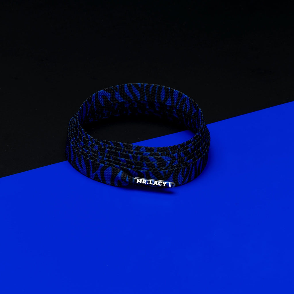 זוג שרוכים שטוחים עם הדפס זברה כחול שחור - Printies Royal Blue Zebra - תמונה 1