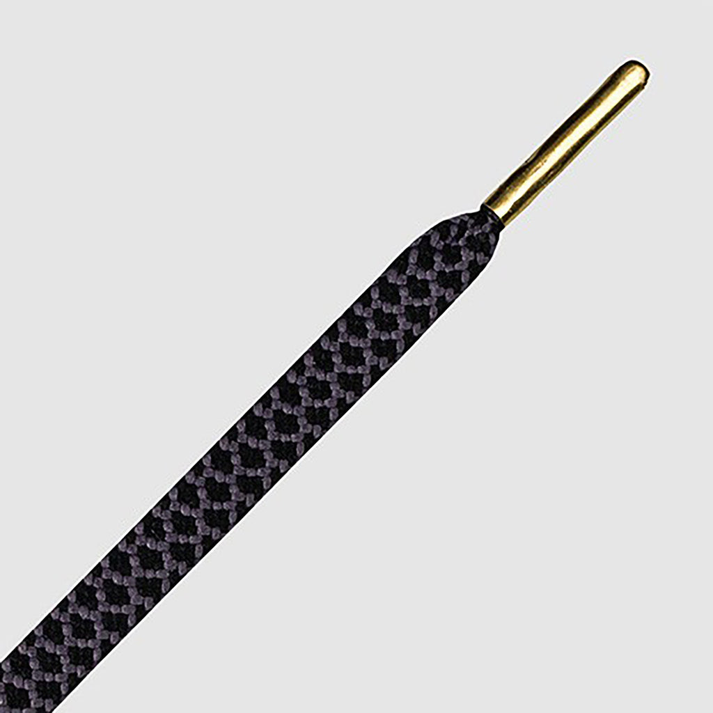 זוג שרוכים שטוחים בצבע שחור אפור עם אגלט זהב 130 ס״מ - תמונה 2