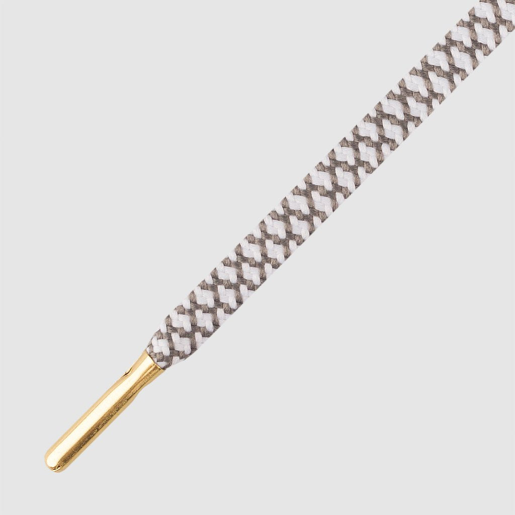 Ropies White Grey Gold Tip- זוג שרוכים שטוחים בצבע לבן אפור עם אגלט זהב 130 ס״מ